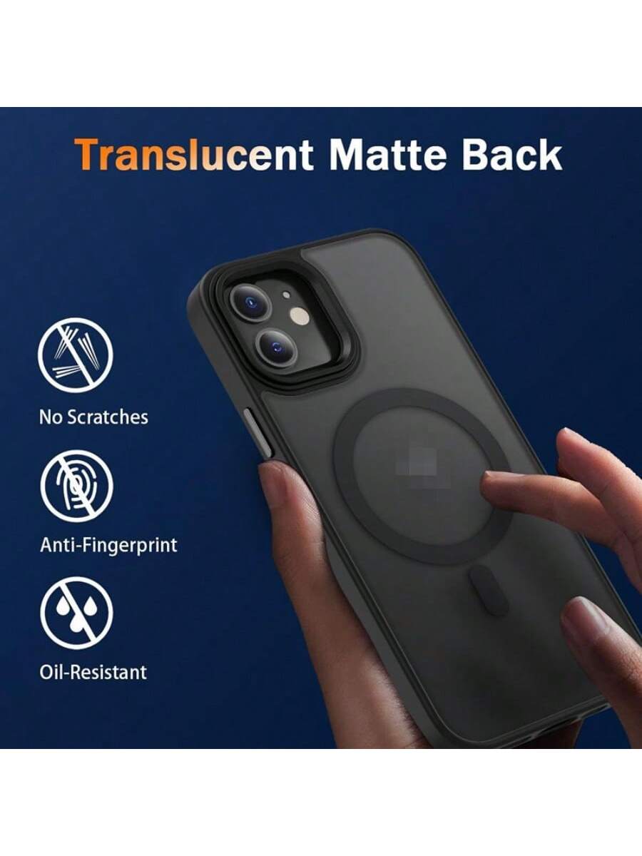 Black Magnetic Style Basic Phone Case Compatible With Apple Case With Screen Protector, Magnetic Translucent Phone Case For Women Men [Compatible With Magsafe] Slim Anti-Fingerprints Shockproof Protec