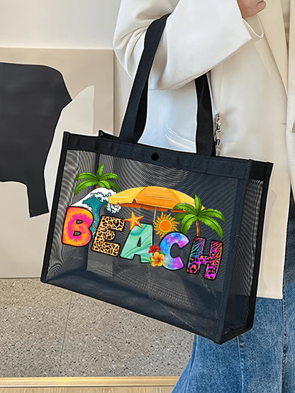 Black Mesh Tote Bag And Pouch Set, Featuring Colorful Letter Print Beach Style Design, Portable Cosmetic Bag, Beach Bag, Transparent Storage Bag