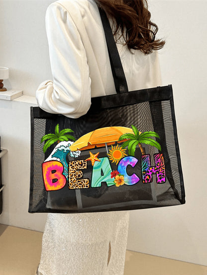 Black Mesh Tote Bag And Pouch Set, Featuring Colorful Letter Print Beach Style Design, Portable Cosmetic Bag, Beach Bag, Transparent Storage Bag