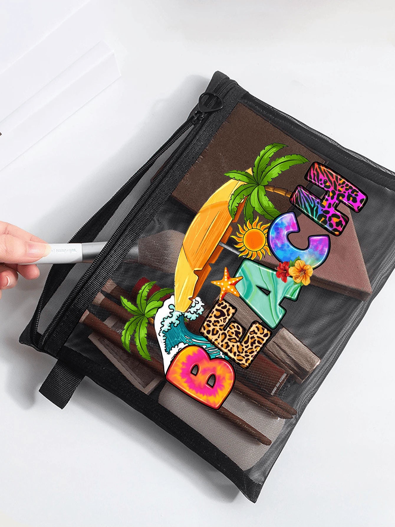 Black Mesh Tote Bag And Pouch Set, Featuring Colorful Letter Print Beach Style Design, Portable Cosmetic Bag, Beach Bag, Transparent Storage Bag