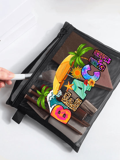 Black Mesh Tote Bag And Pouch Set, Featuring Colorful Letter Print Beach Style Design, Portable Cosmetic Bag, Beach Bag, Transparent Storage Bag