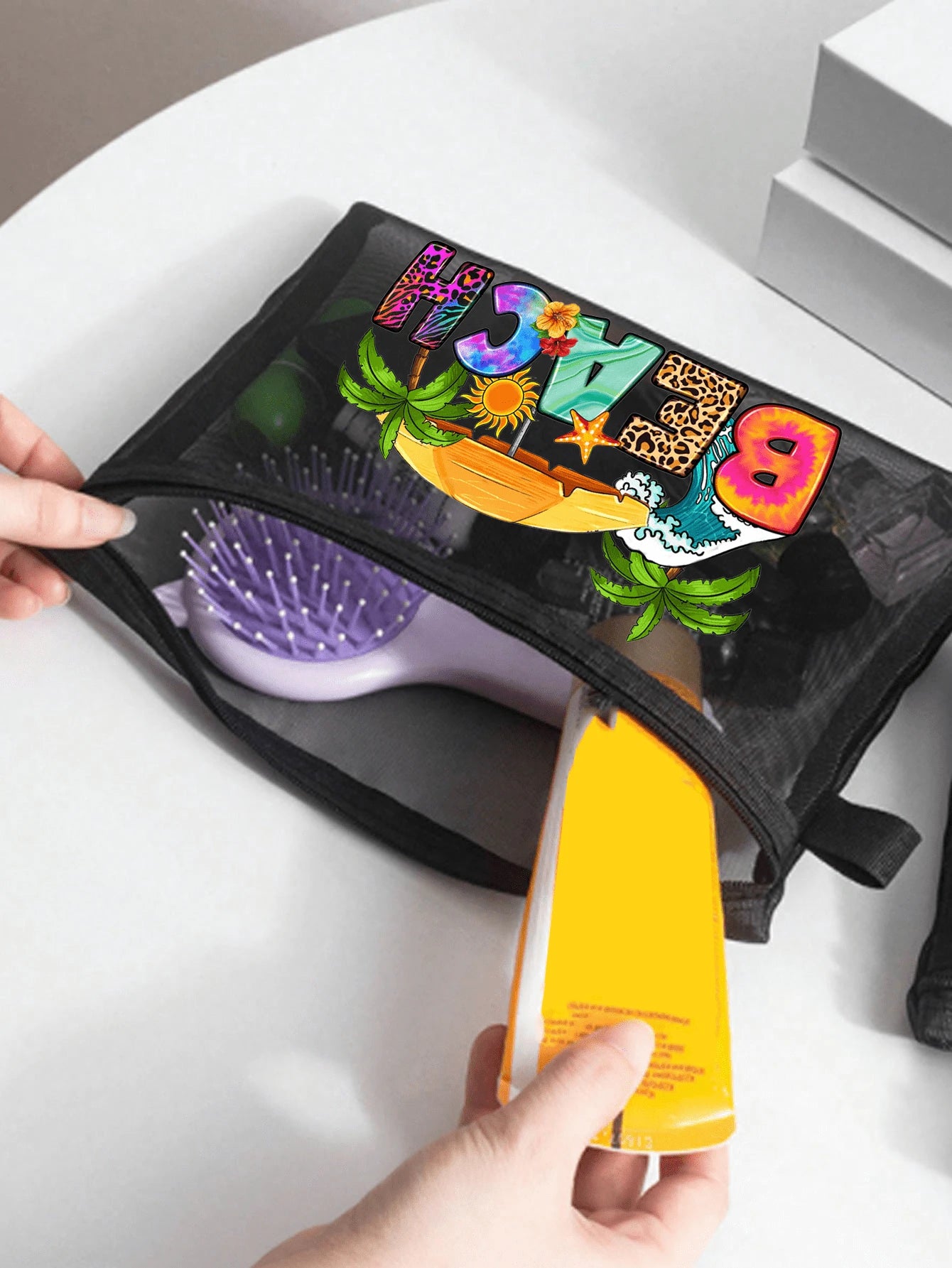 Black Mesh Tote Bag And Pouch Set, Featuring Colorful Letter Print Beach Style Design, Portable Cosmetic Bag, Beach Bag, Transparent Storage Bag