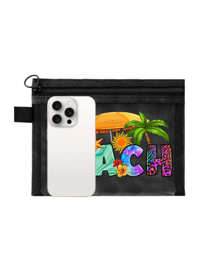 Black Mesh Tote Bag And Pouch Set, Featuring Colorful Letter Print Beach Style Design, Portable Cosmetic Bag, Beach Bag, Transparent Storage Bag