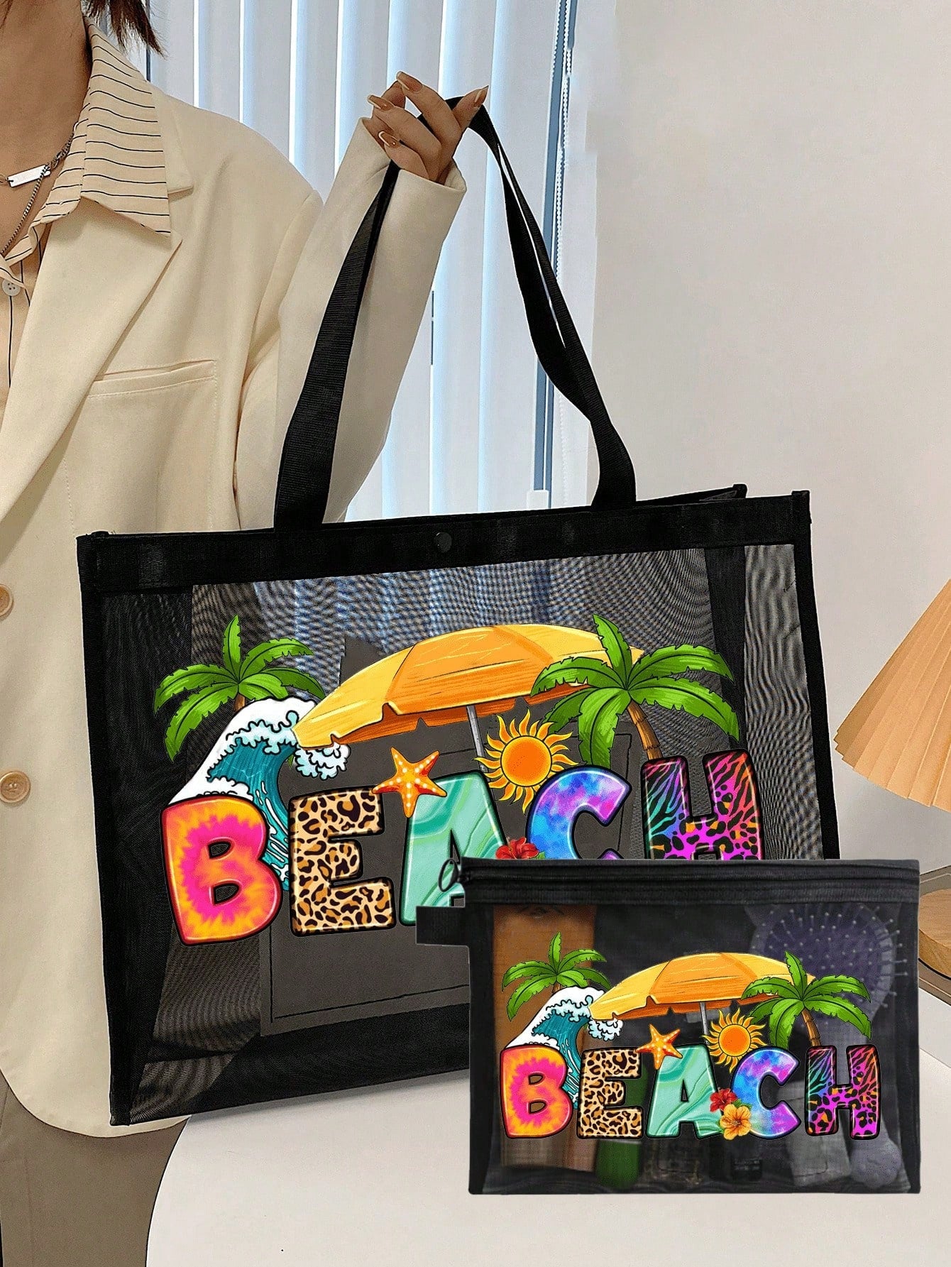 Black Mesh Tote Bag And Pouch Set, Featuring Colorful Letter Print Beach Style Design, Portable Cosmetic Bag, Beach Bag, Transparent Storage Bag