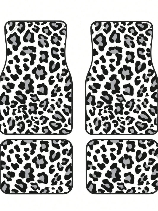 Black, White And Grey Leopard Print 4-Piece Custom Printed All-Weather Floor Mats- Universal Fit For Suv, Truck, Van| Easy Clean
