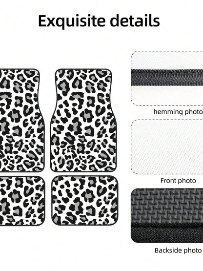 Black, White And Grey Leopard Print 4-Piece Custom Printed All-Weather Floor Mats- Universal Fit For Suv, Truck, Van| Easy Clean