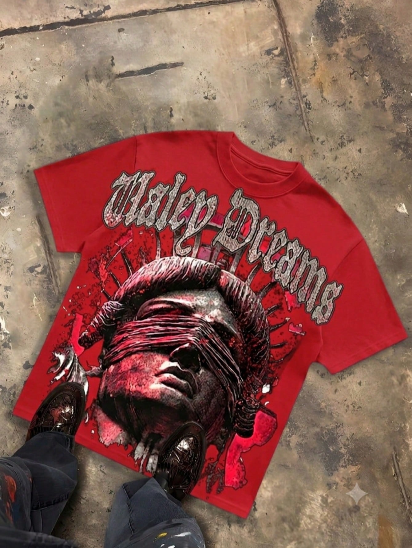 Blindfold Statue Graphic Tee, Vintage Gothic Splash Print Crew Neck Short Sleeve T-Shirt, Loose Soft Cotton Streetwear Top For Punk Daily Outfits