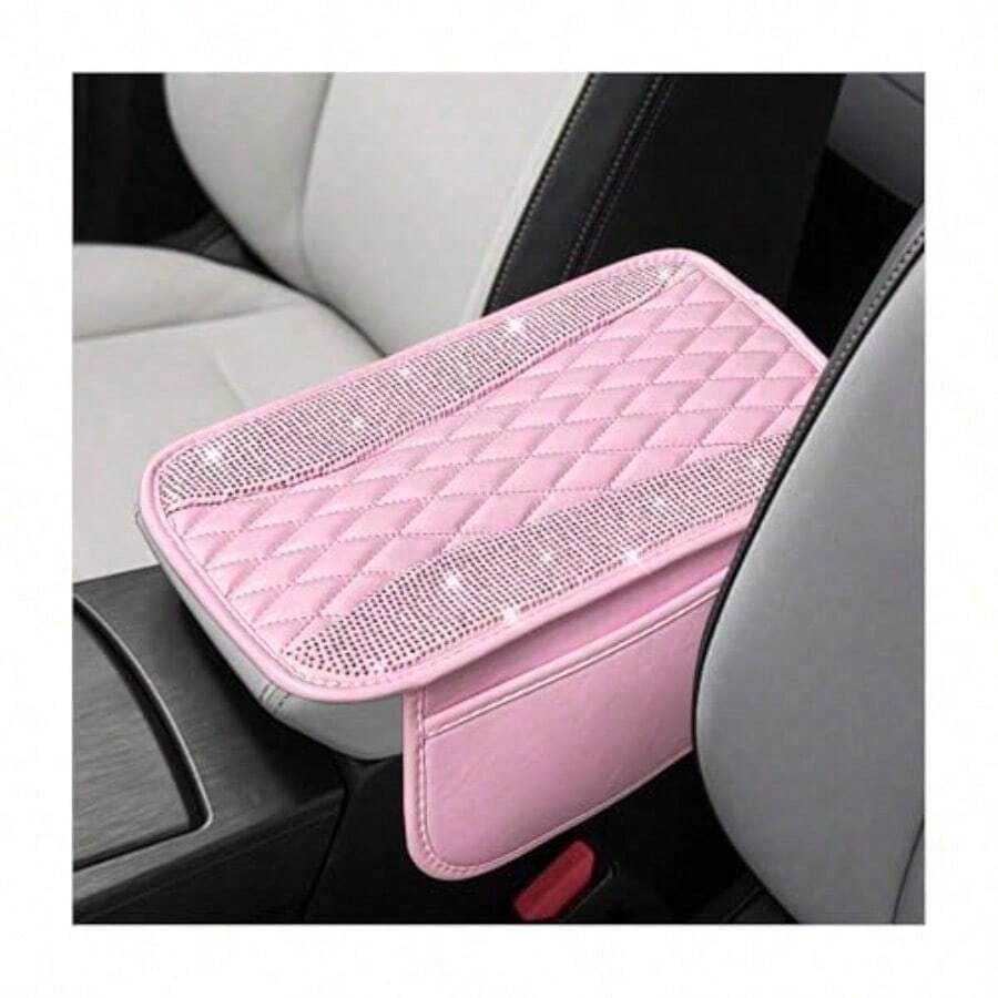 Bling Car Center Console Cover R Leater Armrest Cusion Pad Wit 2 Stoe Pocke Comtable Si Middle Console Cover Most Veic Car Accessories Pink