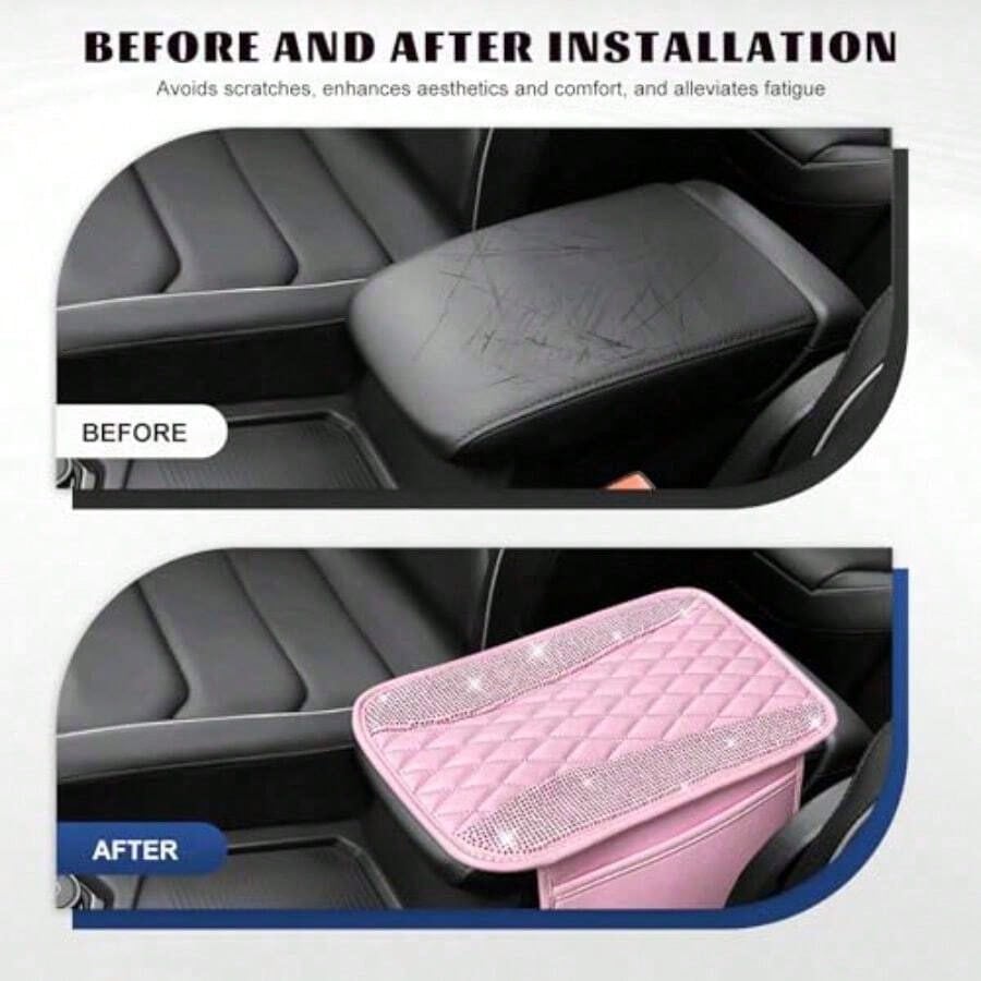 Bling Car Center Console Cover R Leater Armrest Cusion Pad Wit 2 Stoe Pocke Comtable Si Middle Console Cover Most Veic Car Accessories Pink