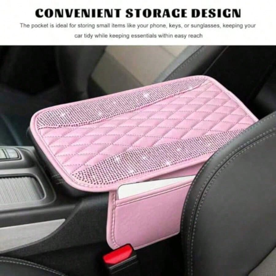 Bling Car Center Console Cover R Leater Armrest Cusion Pad Wit 2 Stoe Pocke Comtable Si Middle Console Cover Most Veic Car Accessories Pink