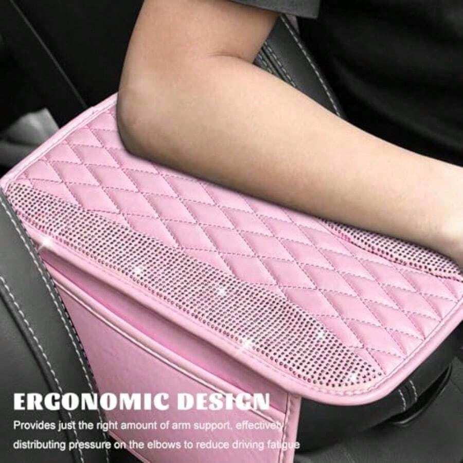 Bling Car Center Console Cover R Leater Armrest Cusion Pad Wit 2 Stoe Pocke Comtable Si Middle Console Cover Most Veic Car Accessories Pink