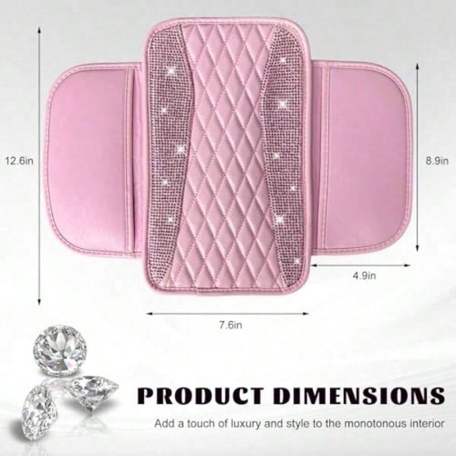 Bling Car Center Console Cover R Leater Armrest Cusion Pad Wit 2 Stoe Pocke Comtable Si Middle Console Cover Most Veic Car Accessories Pink