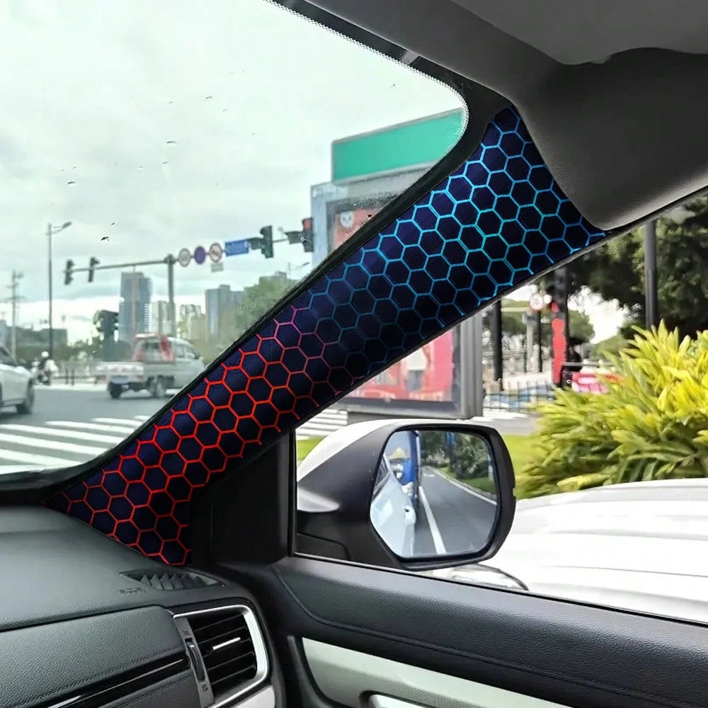 Blue And Red Honeycomb Pattern Cartoon Car Interior A, B And C Pillar Sticker Set, With Self-Adhesive Backing