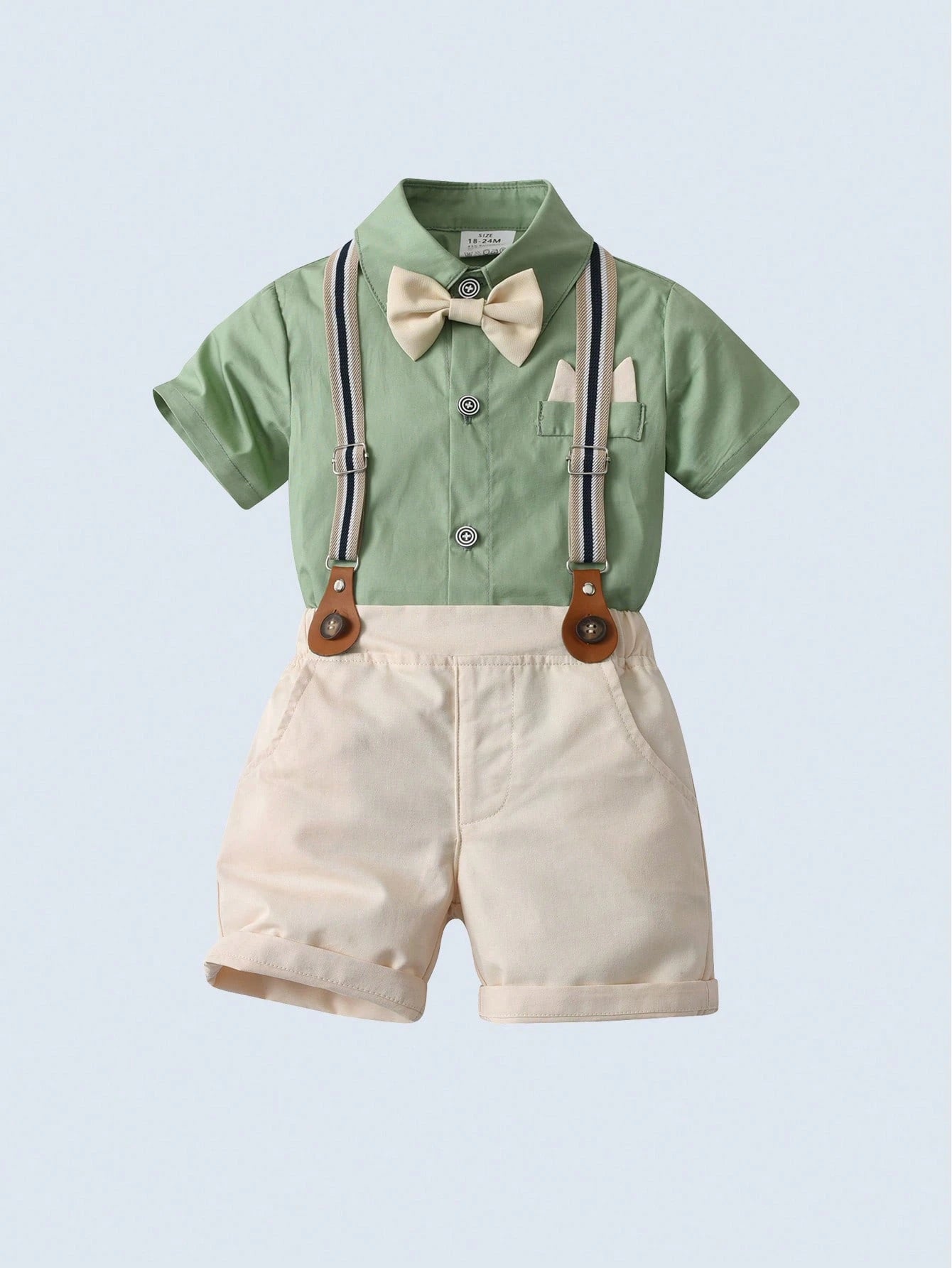 BOARNSEORL 2pcs Baby Boys Gentleman Outfit, Short Sleeve Collared Shirt With Bow Tie And Khaki Suspender Shorts, Fashionable For Birthday Party, Wedding, Formal Occasions