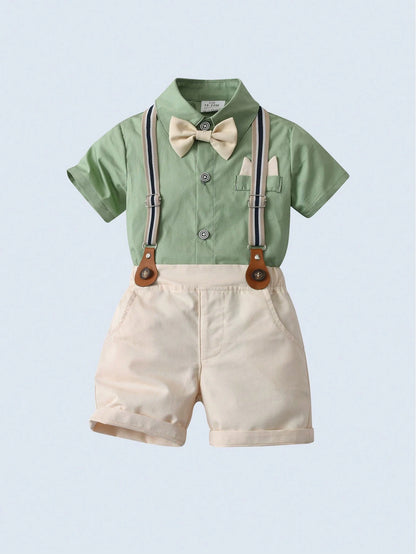 BOARNSEORL 2pcs Baby Boys Gentleman Outfit, Short Sleeve Collared Shirt With Bow Tie And Khaki Suspender Shorts, Fashionable For Birthday Party, Wedding, Formal Occasions