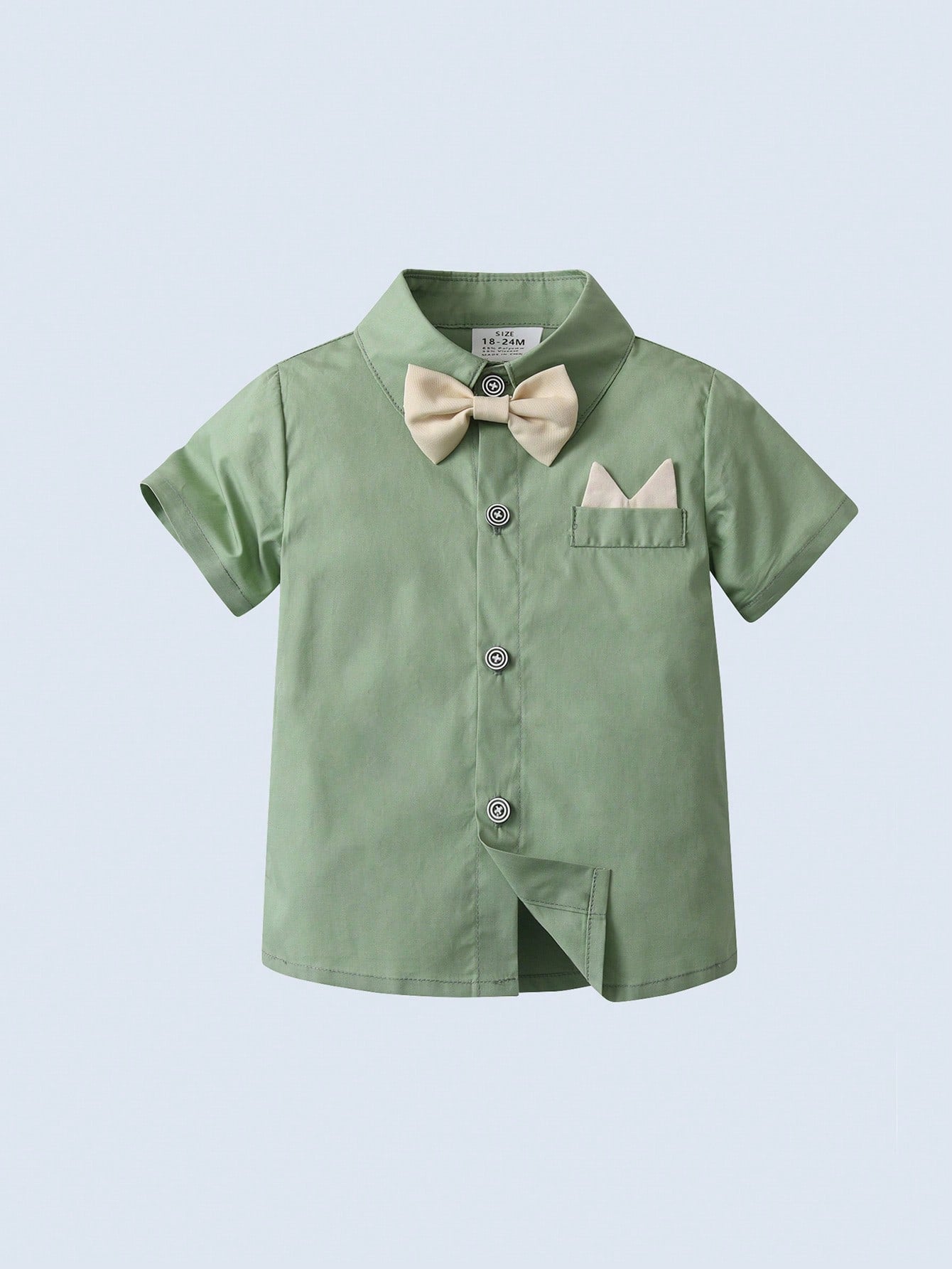BOARNSEORL 2pcs Baby Boys Gentleman Outfit, Short Sleeve Collared Shirt With Bow Tie And Khaki Suspender Shorts, Fashionable For Birthday Party, Wedding, Formal Occasions