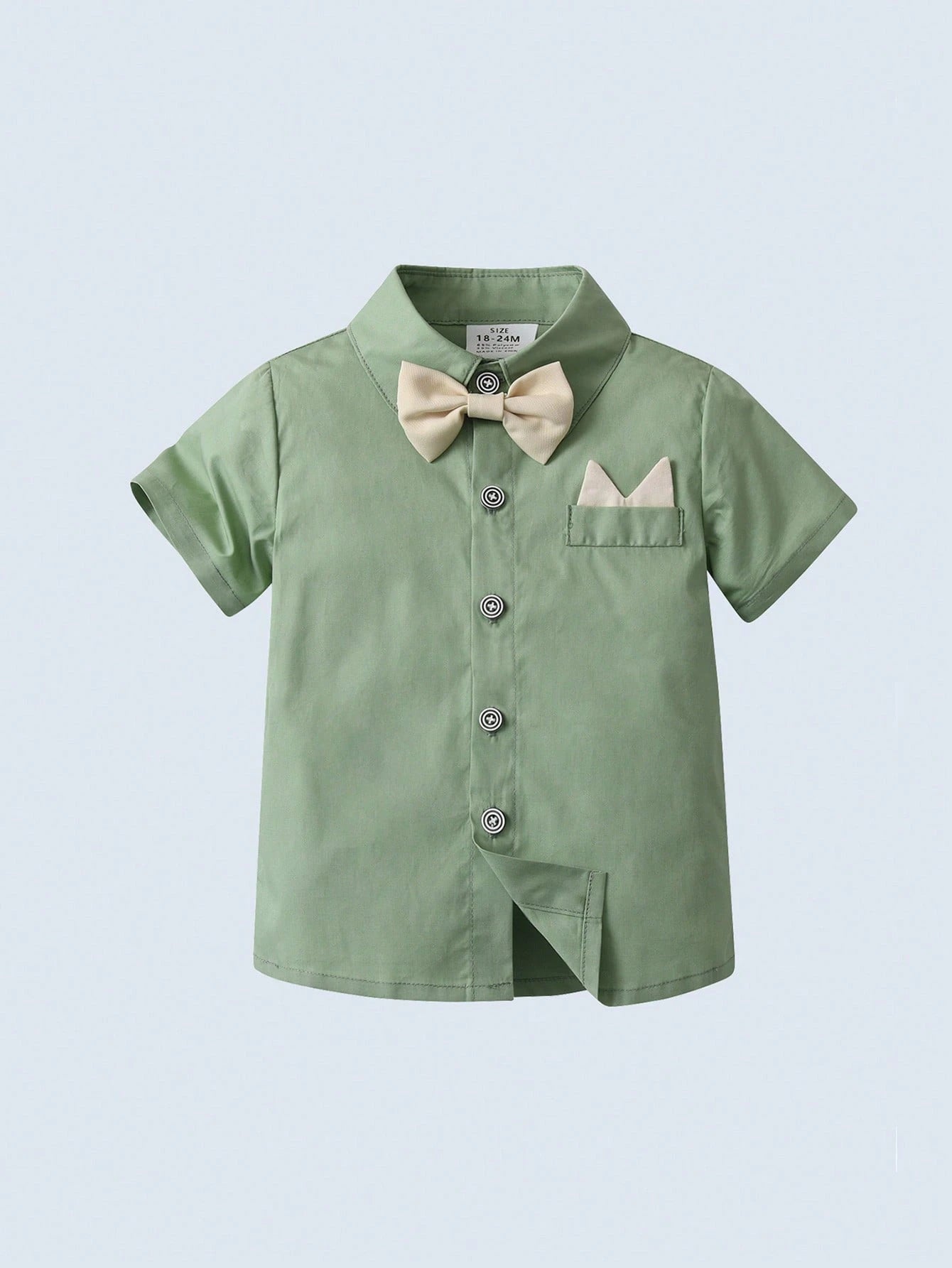 BOARNSEORL 2pcs Baby Boys Gentleman Outfit, Short Sleeve Collared Shirt With Bow Tie And Khaki Suspender Shorts, Fashionable For Birthday Party, Wedding, Formal Occasions