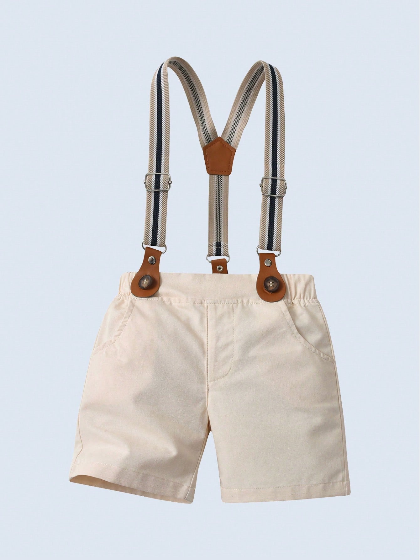 BOARNSEORL 2pcs Baby Boys Gentleman Outfit, Short Sleeve Collared Shirt With Bow Tie And Khaki Suspender Shorts, Fashionable For Birthday Party, Wedding, Formal Occasions
