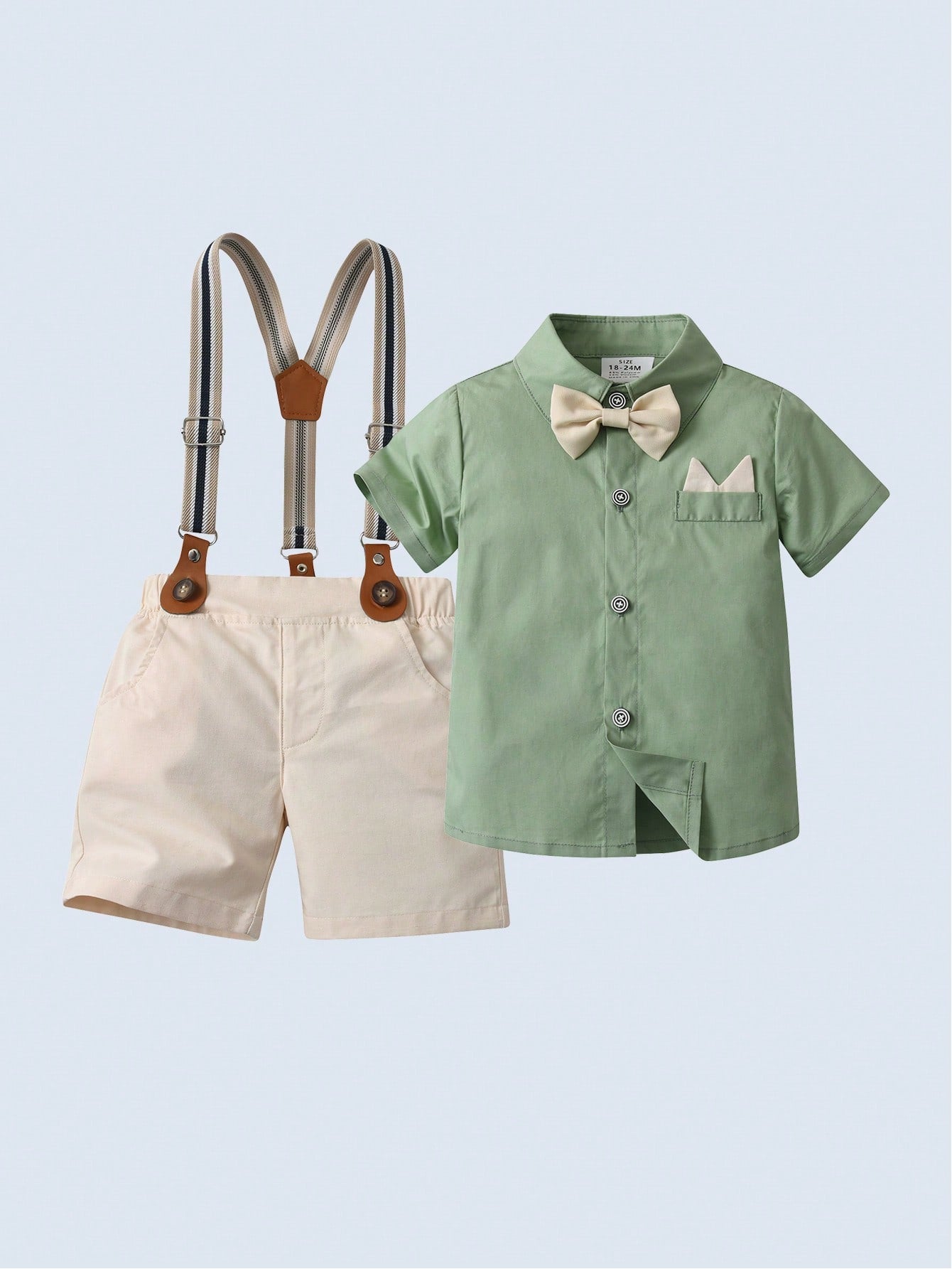 BOARNSEORL 2pcs Baby Boys Gentleman Outfit, Short Sleeve Collared Shirt With Bow Tie And Khaki Suspender Shorts, Fashionable For Birthday Party, Wedding, Formal Occasions