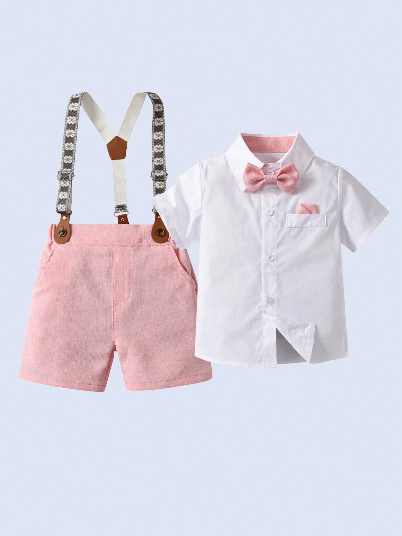 BOARNSEORL Baby Boys Gentleman Summer Outfit- White Shirt With Bow Tie And Pink Suspender Shorts, Fashionabantic For Birthday Party, 1st Birthday, Valentine''s Day