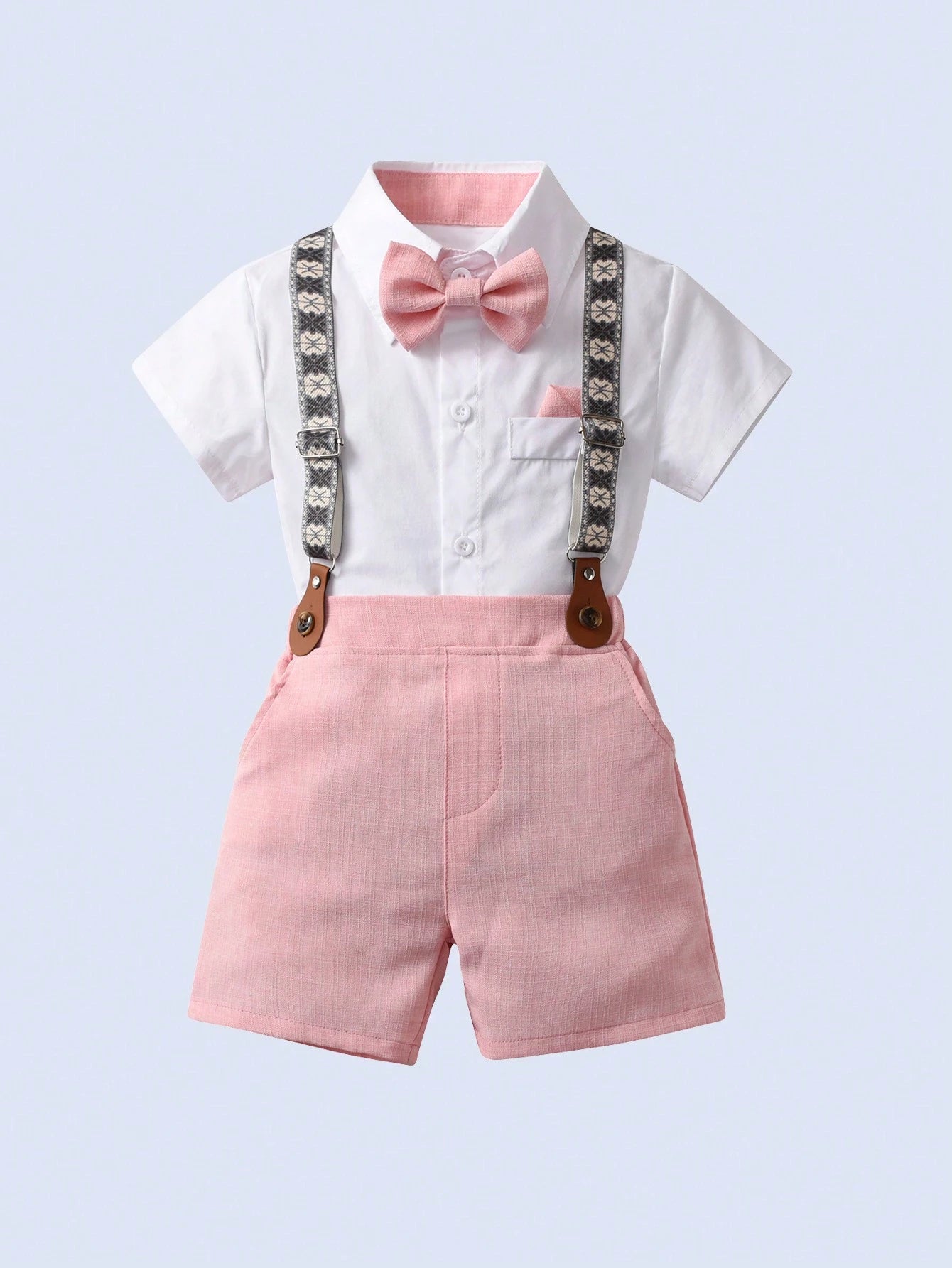 BOARNSEORL Baby Boys Gentleman Summer Outfit- White Shirt With Bow Tie And Pink Suspender Shorts, Fashionabantic For Birthday Party, 1st Birthday, Valentine''s Day