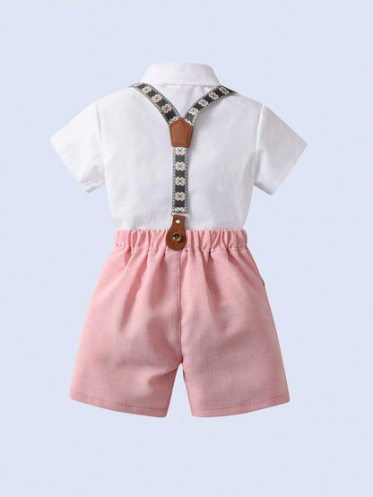 BOARNSEORL Baby Boys Gentleman Summer Outfit- White Shirt With Bow Tie And Pink Suspender Shorts, Fashionabantic For Birthday Party, 1st Birthday, Valentine''s Day