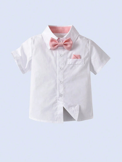 BOARNSEORL Baby Boys Gentleman Summer Outfit- White Shirt With Bow Tie And Pink Suspender Shorts, Fashionabantic For Birthday Party, 1st Birthday, Valentine''s Day