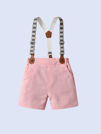 BOARNSEORL Baby Boys Gentleman Summer Outfit- White Shirt With Bow Tie And Pink Suspender Shorts, Fashionabantic For Birthday Party, 1st Birthday, Valentine''s Day