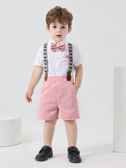 BOARNSEORL Baby Boys Gentleman Summer Outfit- White Shirt With Bow Tie And Pink Suspender Shorts, Fashionabantic For Birthday Party, 1st Birthday, Valentine''s Day
