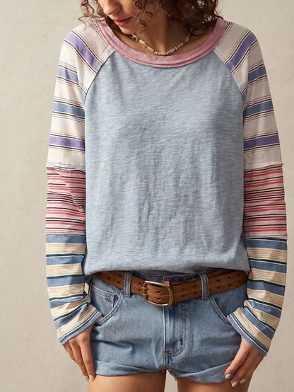 Bohemela Casual Boho 2000s Solid Color Knit Round Neck Women's T-Shirt Everyday Picnic Daytime Travel Blue And White Stripe Stripe Stripe Stripe Autumn Travel