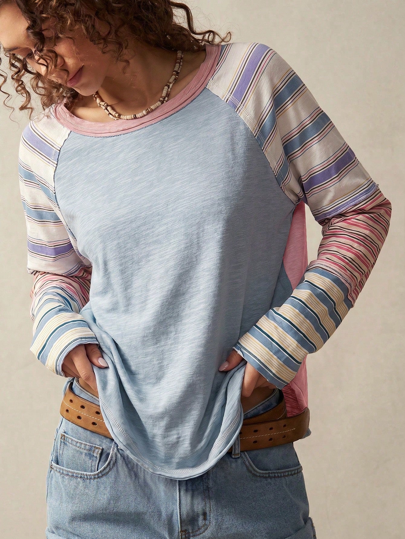 Bohemela Casual Boho 2000s Solid Color Knit Round Neck Women's T-Shirt Everyday Picnic Daytime Travel Blue And White Stripe Stripe Stripe Stripe Autumn Travel