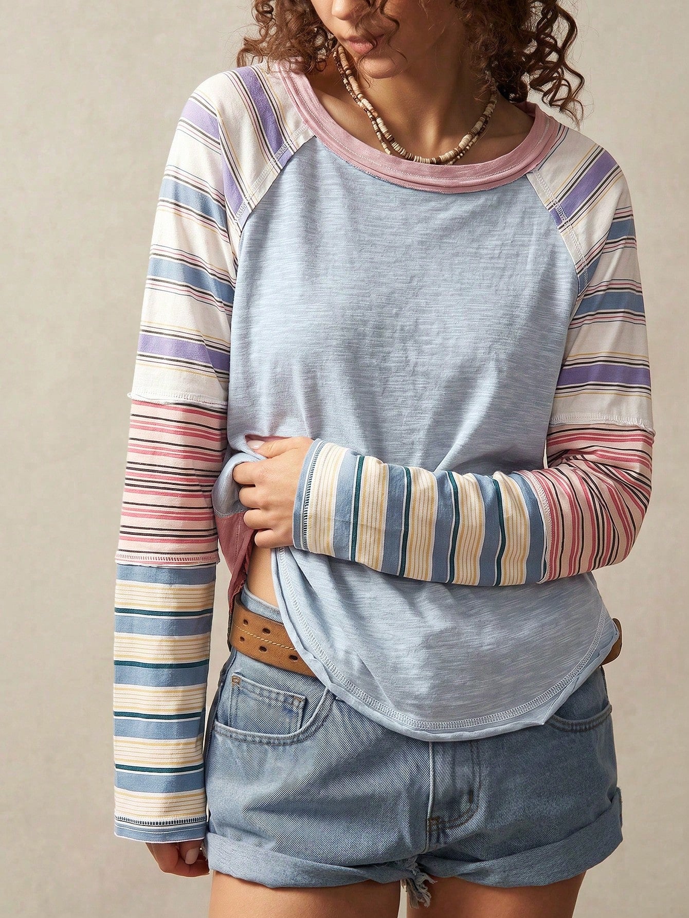 Bohemela Casual Boho 2000s Solid Color Knit Round Neck Women's T-Shirt Everyday Picnic Daytime Travel Blue And White Stripe Stripe Stripe Stripe Autumn Travel