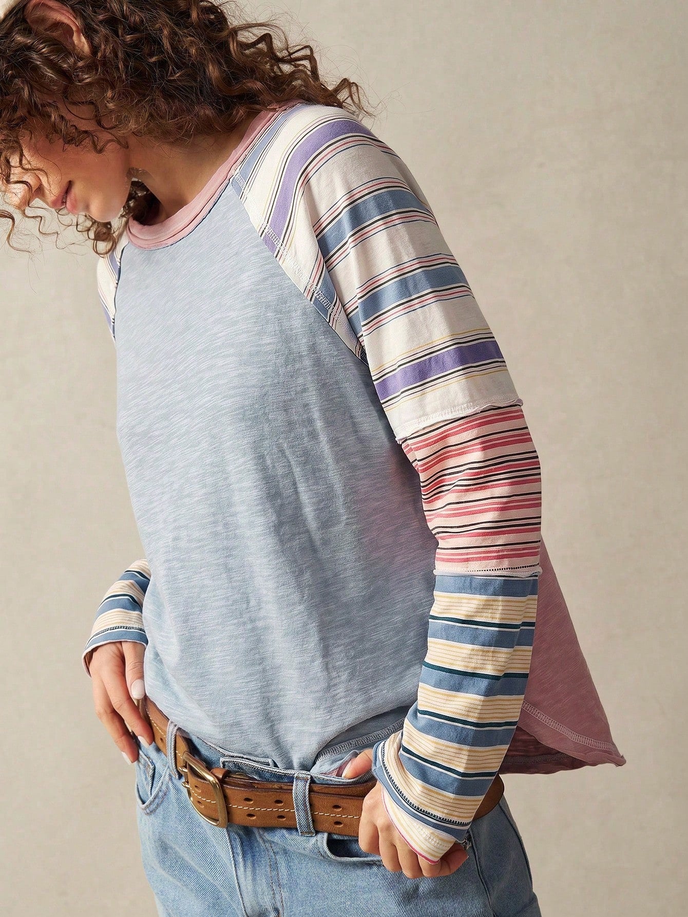 Bohemela Casual Boho 2000s Solid Color Knit Round Neck Women's T-Shirt Everyday Picnic Daytime Travel Blue And White Stripe Stripe Stripe Stripe Autumn Travel