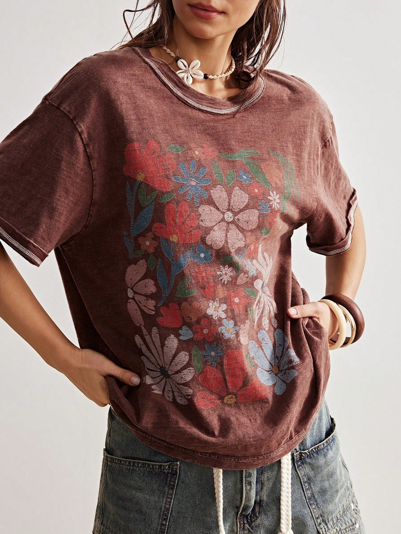Bohemela Plus Size Round Neck Dropped Shoulder Short Sleeve Floral Print Loose T-Shirt, Summer Office Brown 1950s Vintage