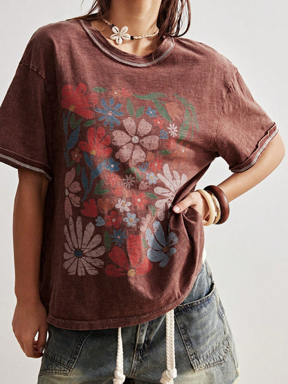 Bohemela Plus Size Round Neck Dropped Shoulder Short Sleeve Floral Print Loose T-Shirt, Summer Office Brown 1950s Vintage