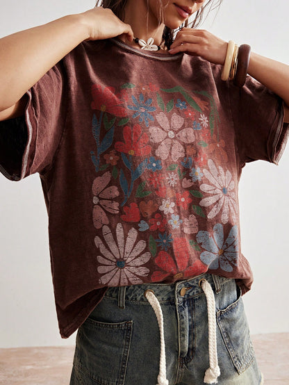 Bohemela Plus Size Round Neck Dropped Shoulder Short Sleeve Floral Print Loose T-Shirt, Summer Office Brown 1950s Vintage