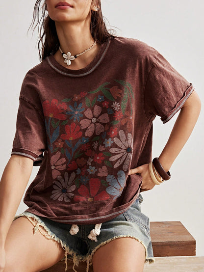 Bohemela Plus Size Round Neck Dropped Shoulder Short Sleeve Floral Print Loose T-Shirt, Summer Office Brown 1950s Vintage