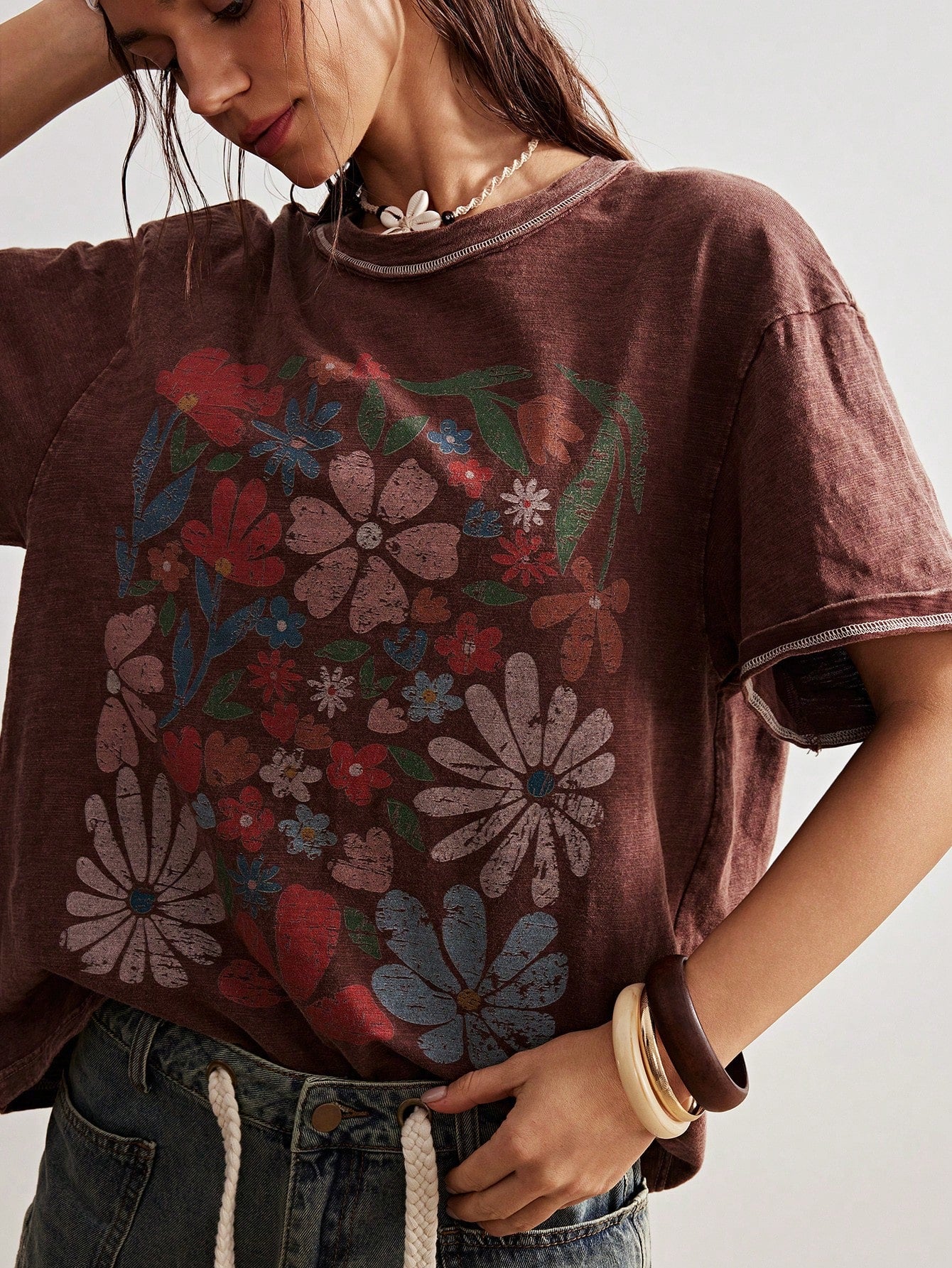Bohemela Plus Size Round Neck Dropped Shoulder Short Sleeve Floral Print Loose T-Shirt, Summer Office Brown 1950s Vintage