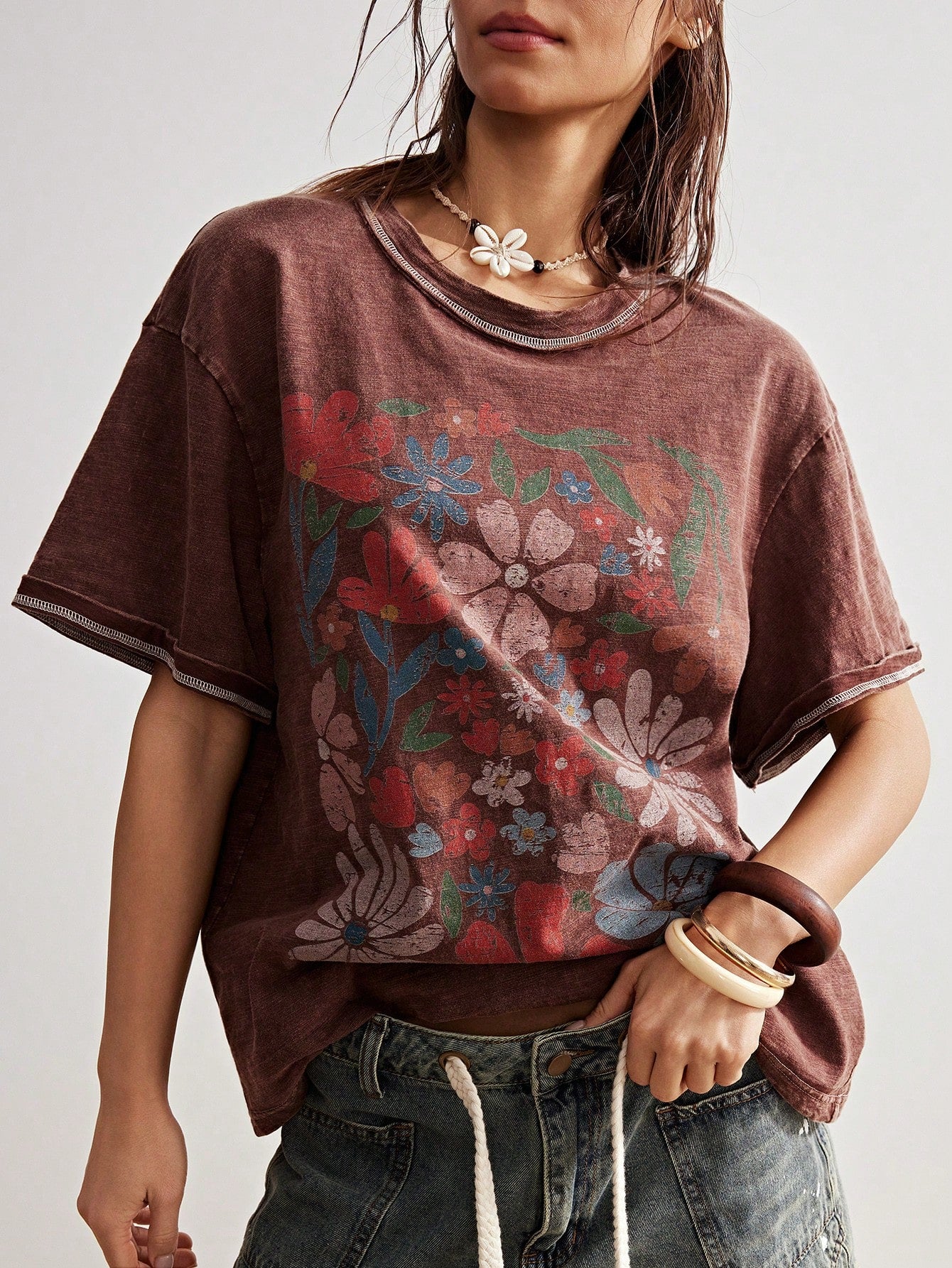 Bohemela Plus Size Round Neck Dropped Shoulder Short Sleeve Floral Print Loose T-Shirt, Summer Office Brown 1950s Vintage
