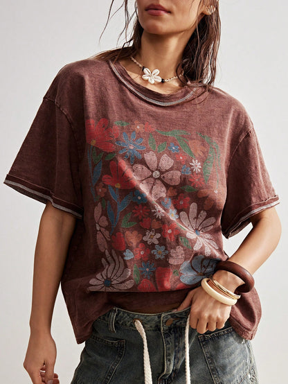 Bohemela Plus Size Round Neck Dropped Shoulder Short Sleeve Floral Print Loose T-Shirt, Summer Office Brown 1950s Vintage