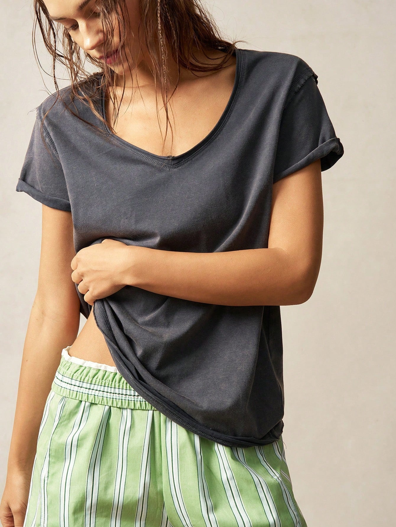 Bohemela Solid Color Knitted Women Round Neck Short Sleeve T-Shirt