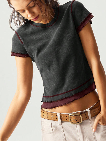Bohemela Summer BOHO Contrast Color Knit Patchwork Round Neck Short Sleeve Fitted Washed Women T-Shirt,Summer Top