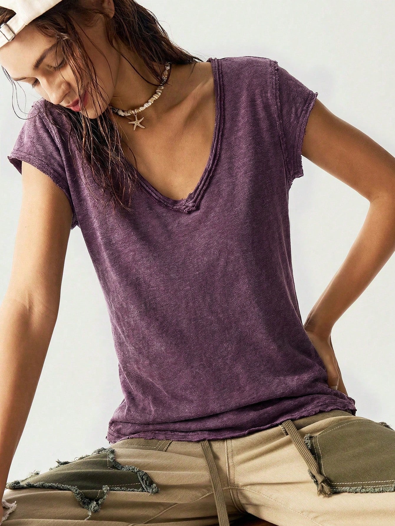 Bohemela Women's Solid Color V-Neck Short Sleeve Fitted Washed T-Shirt, Summer Easter,Summer Top