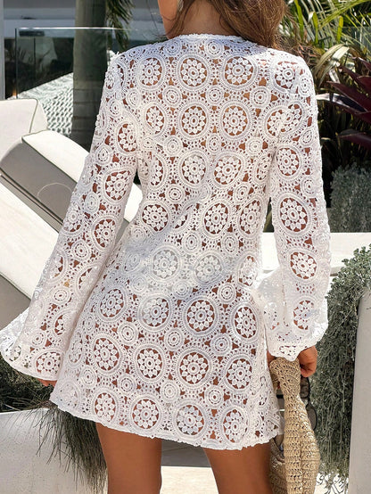 Bonvoyette Women's Solid Color Lace Hollow-Out Long Sleeve V-Neck Beach Cover-Up,Elegant,Bohemia,New Year Dress