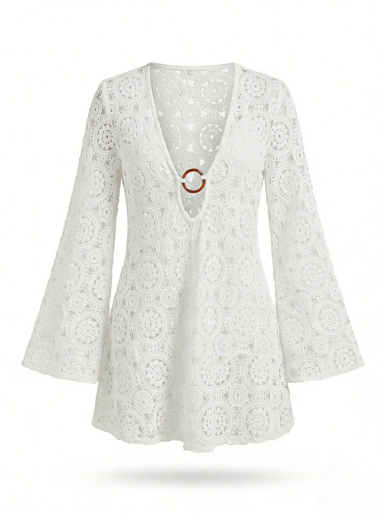 Bonvoyette Women's Solid Color Lace Hollow-Out Long Sleeve V-Neck Beach Cover-Up,Elegant,Bohemia,New Year Dress
