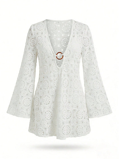 Bonvoyette Women's Solid Color Lace Hollow-Out Long Sleeve V-Neck Beach Cover-Up,Elegant,Bohemia,New Year Dress