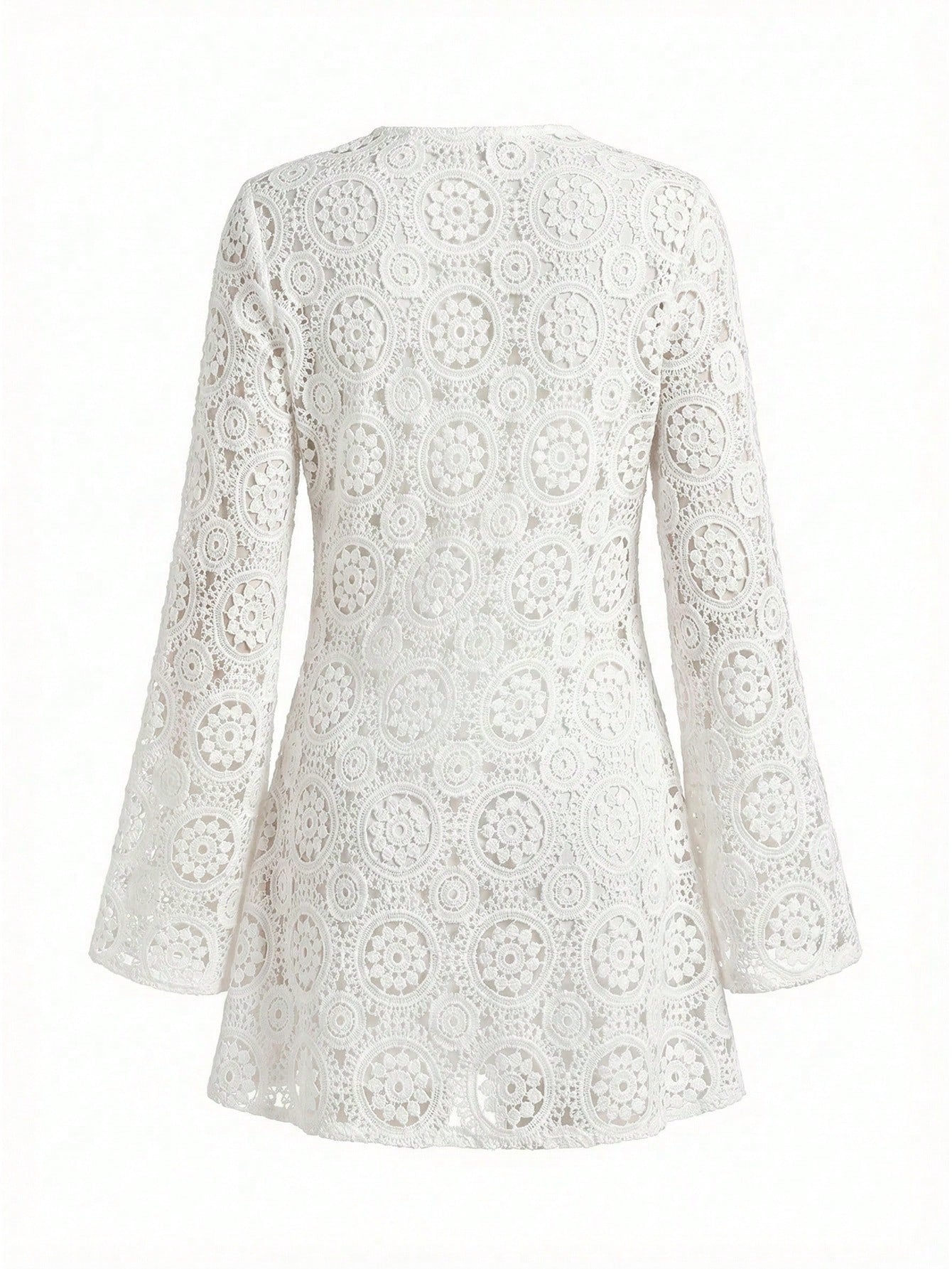 Bonvoyette Women's Solid Color Lace Hollow-Out Long Sleeve V-Neck Beach Cover-Up,Elegant,Bohemia,New Year Dress
