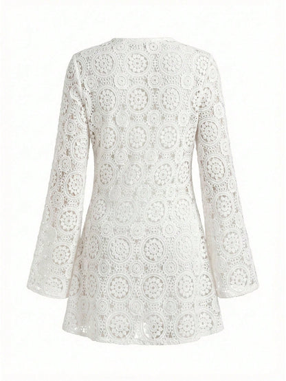 Bonvoyette Women's Solid Color Lace Hollow-Out Long Sleeve V-Neck Beach Cover-Up,Elegant,Bohemia,New Year Dress