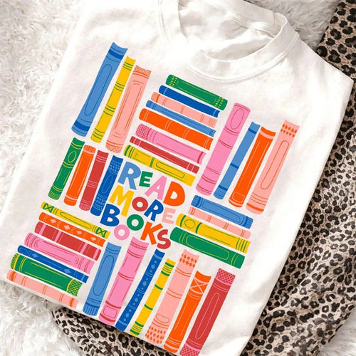 Book Lover T Shirt Women Colorful Stacked Books Graphic Tee Bookish Gift Top Cute Librarian Bookworm Tshirt Aesthetic Loose Fit Drop Shoulder