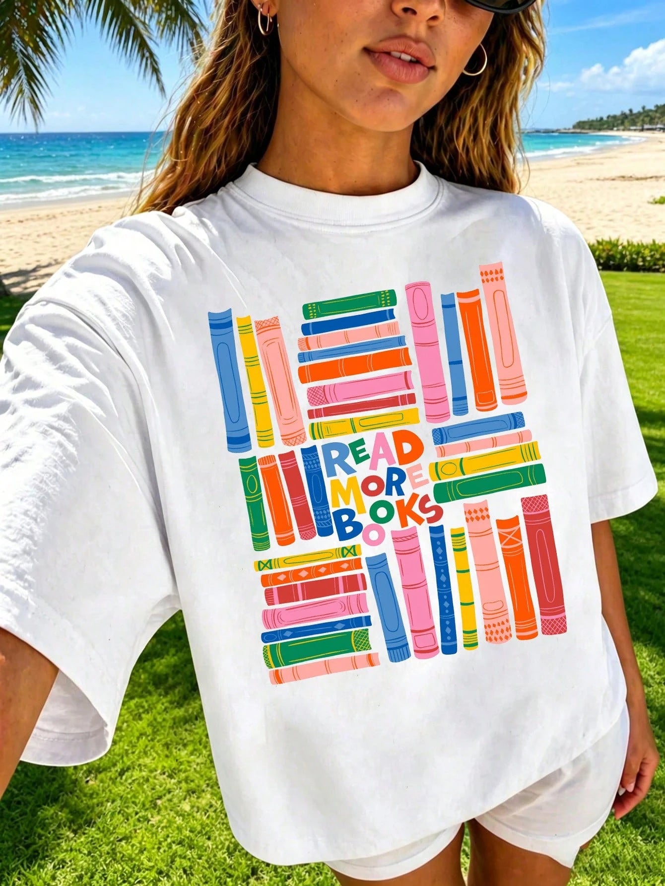 Book Lover T Shirt Women Colorful Stacked Books Graphic Tee Bookish Gift Top Cute Librarian Bookworm Tshirt Aesthetic Loose Fit Drop Shoulder